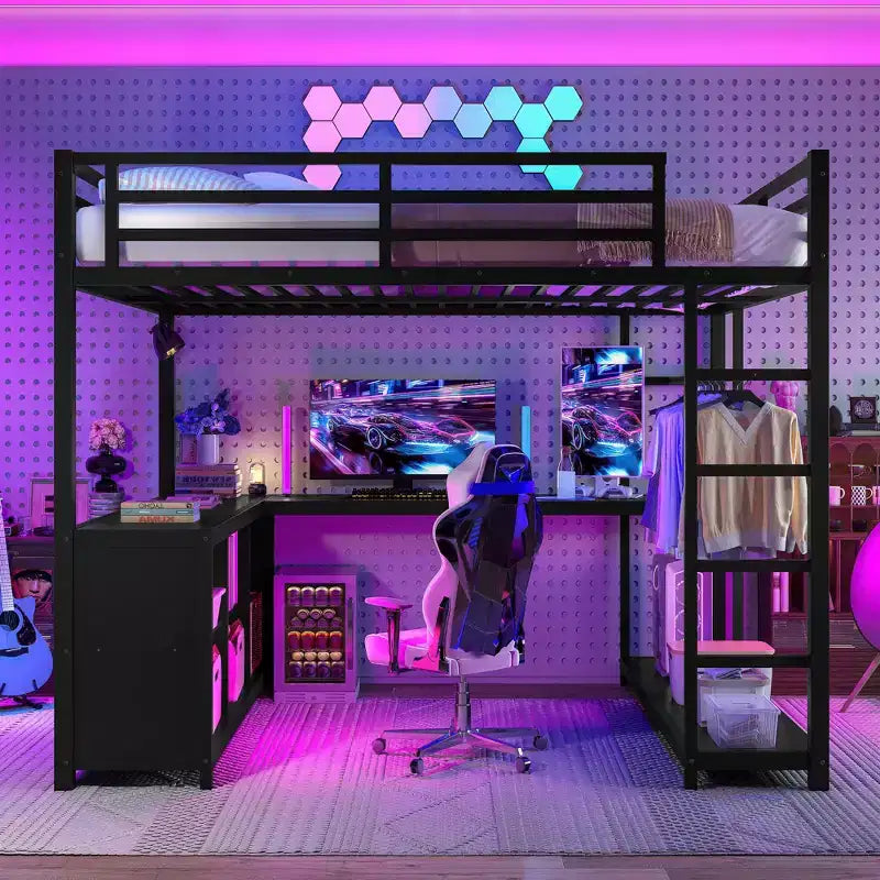 Bellemave Queen Metal Loft Bed with L-Shaped Desk, Wardrobe, Storage Shelves & Cubes, Space-Saving Loft Bed for Teens & Adults, Black