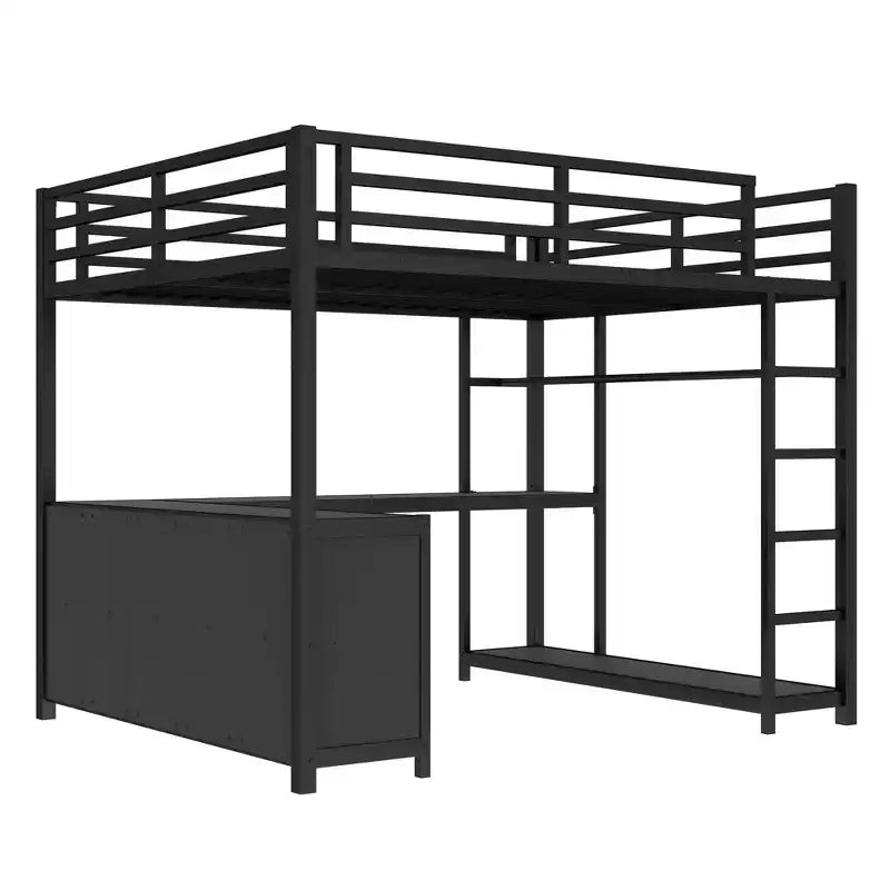 Bellemave Queen Metal Loft Bed with L-Shaped Desk, Wardrobe, Storage Shelves & Cubes, Space-Saving Loft Bed for Teens & Adults, Black