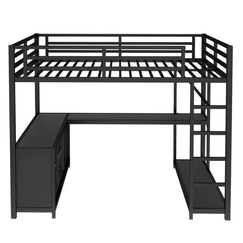 Bellemave Queen Metal Loft Bed with L-Shaped Desk, Wardrobe, Storage Shelves & Cubes, Space-Saving Loft Bed for Teens & Adults, Black