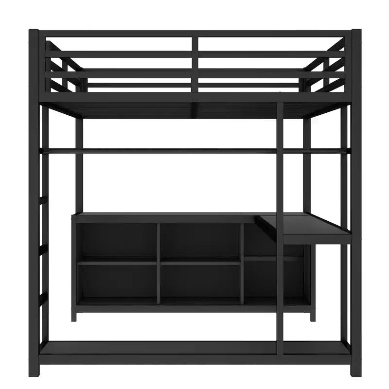 Bellemave Queen Metal Loft Bed with L-Shaped Desk, Wardrobe, Storage Shelves & Cubes, Space-Saving Loft Bed for Teens & Adults, Black