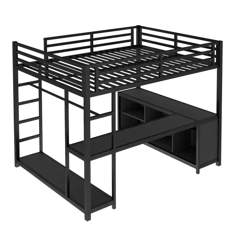 Bellemave Queen Metal Loft Bed with L-Shaped Desk, Wardrobe, Storage Shelves & Cubes, Space-Saving Loft Bed for Teens & Adults, Black