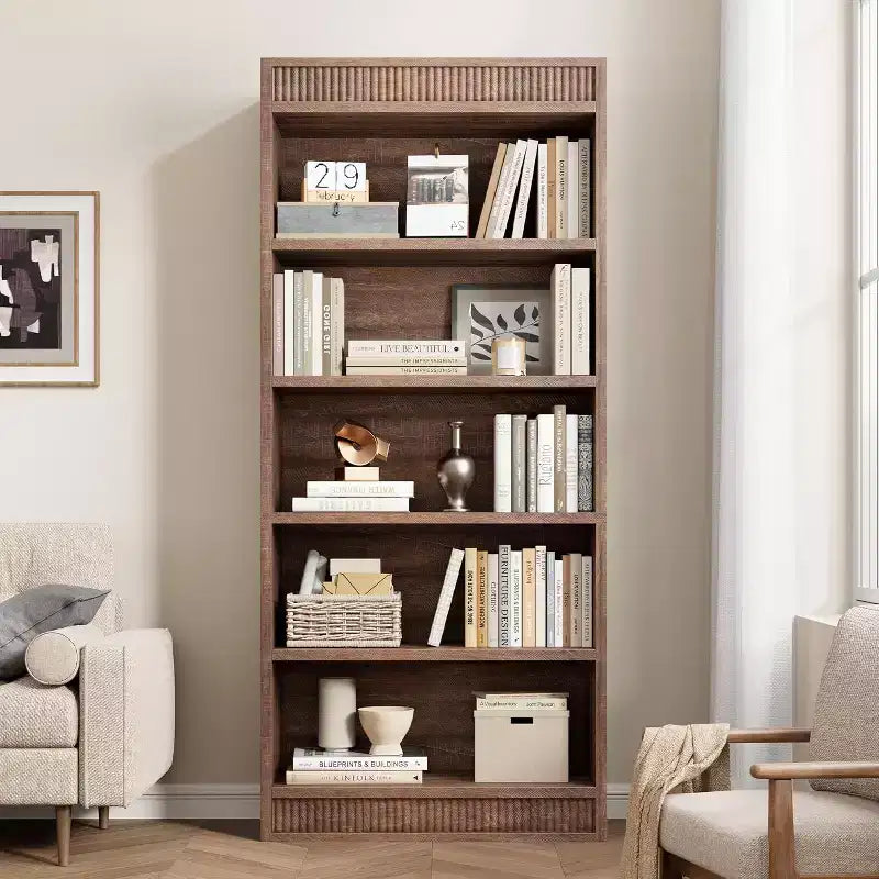 71 Farmhouse Tall Bookcase with 5 Tiers & Display Rack, Fluted Wood Bookshelf for Organized Storage in Living Room, Office, or Library