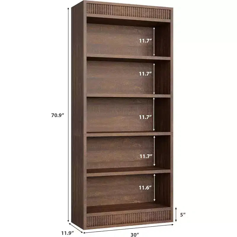 71 Farmhouse Tall Bookcase with 5 Tiers & Display Rack, Fluted Wood Bookshelf for Organized Storage in Living Room, Office, or Library