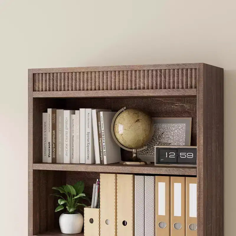71 Farmhouse Tall Bookcase with 5 Tiers & Display Rack, Fluted Wood Bookshelf for Organized Storage in Living Room, Office, or Library