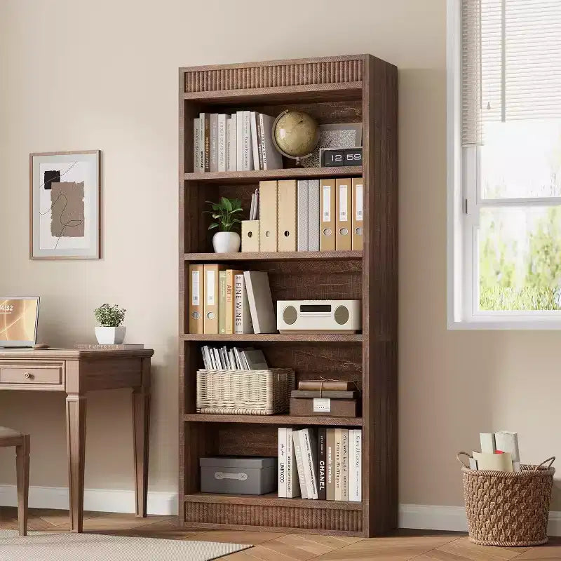 71 Farmhouse Tall Bookcase with 5 Tiers & Display Rack, Fluted Wood Bookshelf for Organized Storage in Living Room, Office, or Library