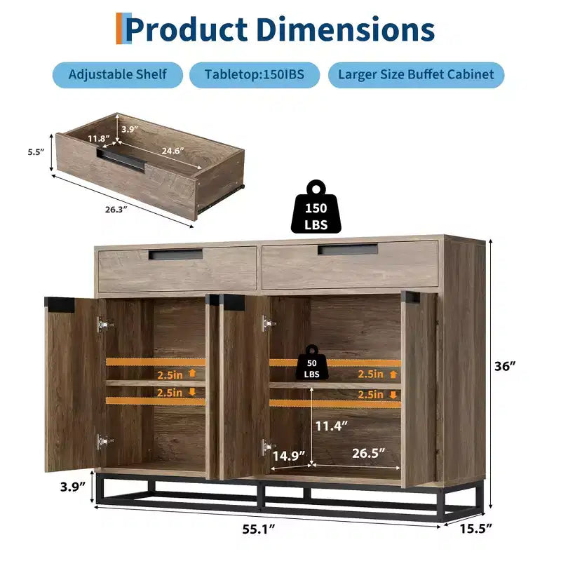 GustoWave Sideboard Buffet Cabinet,55 Inch Large Modern Kitchen Accent Storage Cabinet with 2 Drawers and 4 Doors,Coffee Bar Buffet Table
