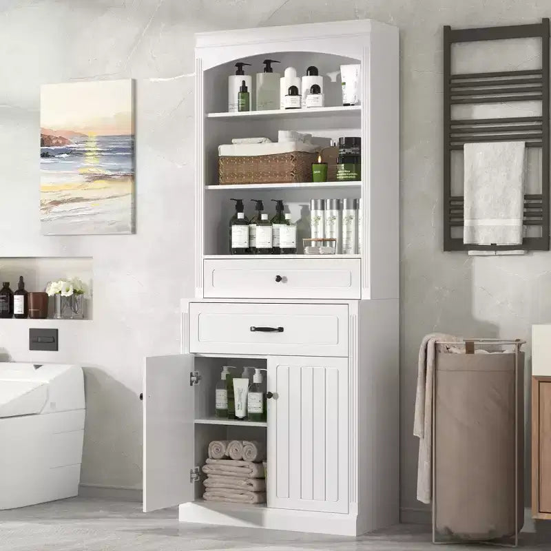 White Bathroom Storage Cabinet with Two Doors Drawers Adjustable Shelf & Three Open Shelves Durable MDF Construction