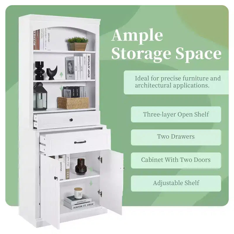White Bathroom Storage Cabinet with Two Doors Drawers Adjustable Shelf & Three Open Shelves Durable MDF Construction