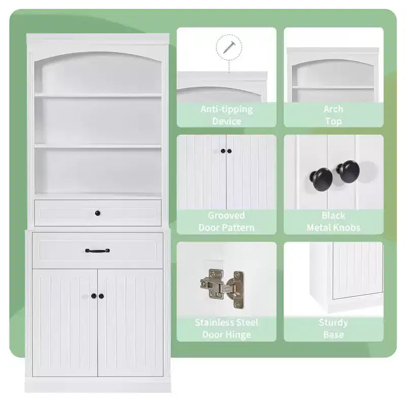 White Bathroom Storage Cabinet with Two Doors Drawers Adjustable Shelf & Three Open Shelves Durable MDF Construction
