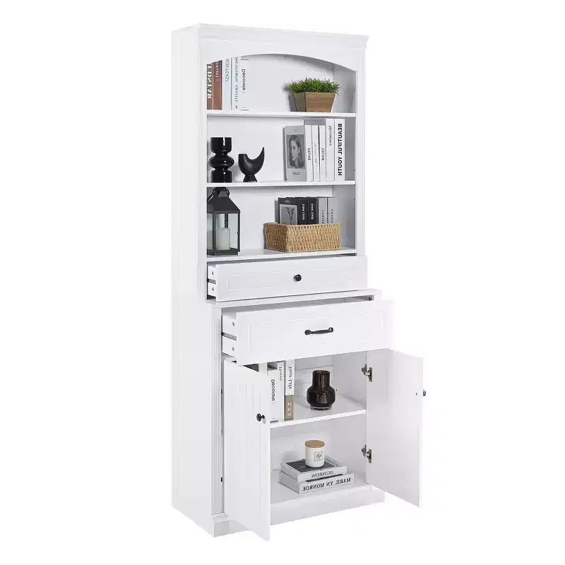 White Bathroom Storage Cabinet with Two Doors Drawers Adjustable Shelf & Three Open Shelves Durable MDF Construction