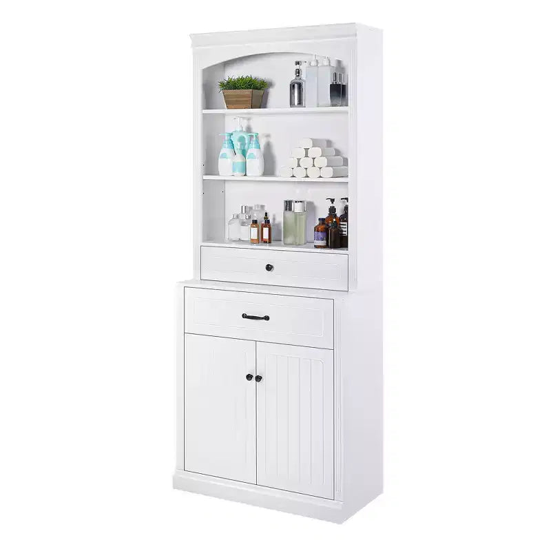 White Bathroom Storage Cabinet with Two Doors Drawers Adjustable Shelf & Three Open Shelves Durable MDF Construction