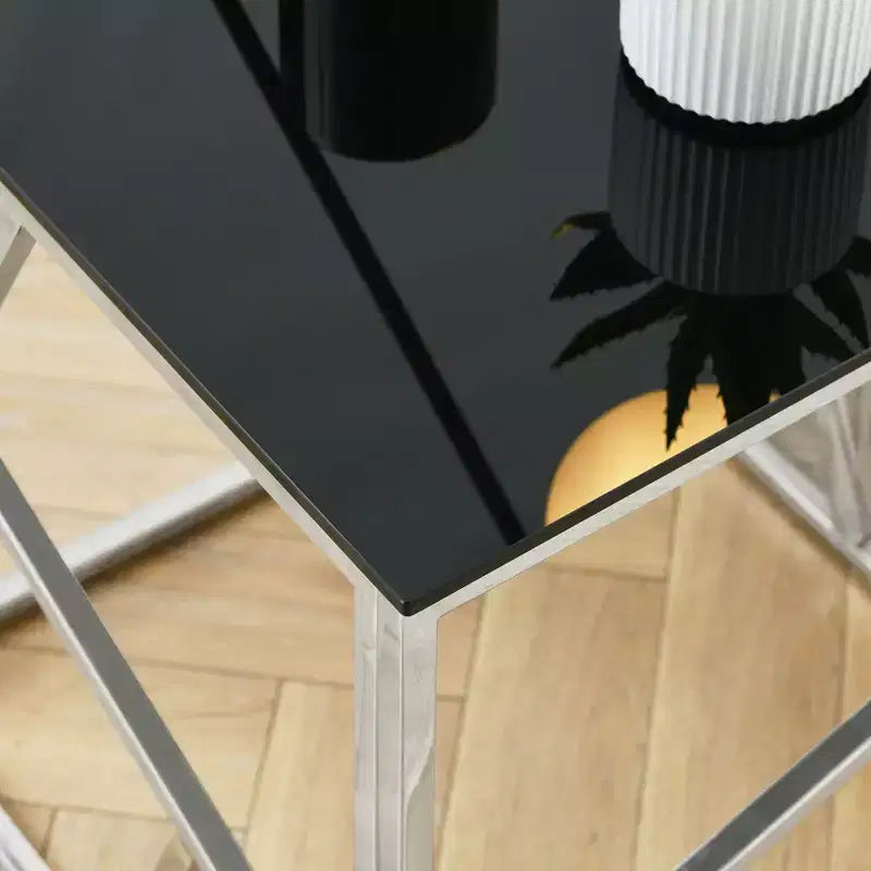 Okak Modern Console Table with Tempered Glass Top, Accent Table with Stylish Sturdy Metal Frame, Hallway Table for Living Room, Foyer