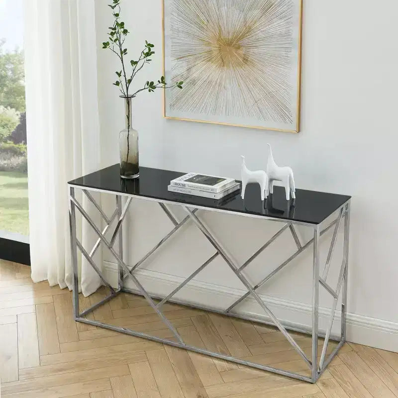 Okak Modern Console Table with Tempered Glass Top, Accent Table with Stylish Sturdy Metal Frame, Hallway Table for Living Room, Foyer