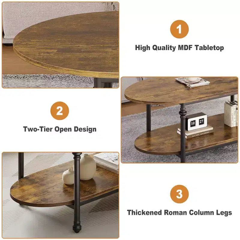 Oval Coffee Table, 2-Tiered Center Table with Open Storage, Modern Industrial Side Table, Wooden Cocktail Table with Metal Frame