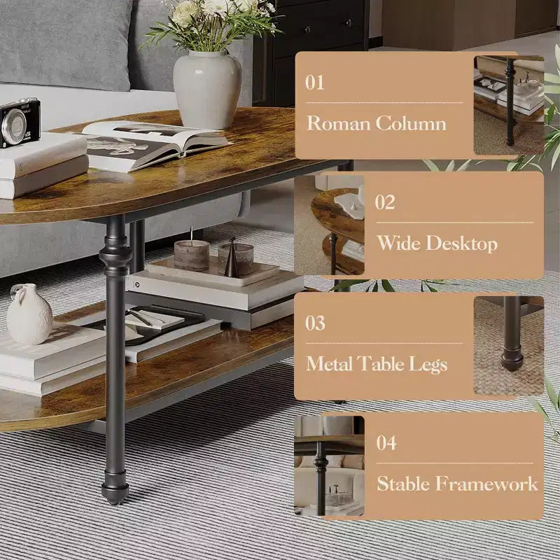 Oval Coffee Table, 2-Tiered Center Table with Open Storage, Modern Industrial Side Table, Wooden Cocktail Table with Metal Frame