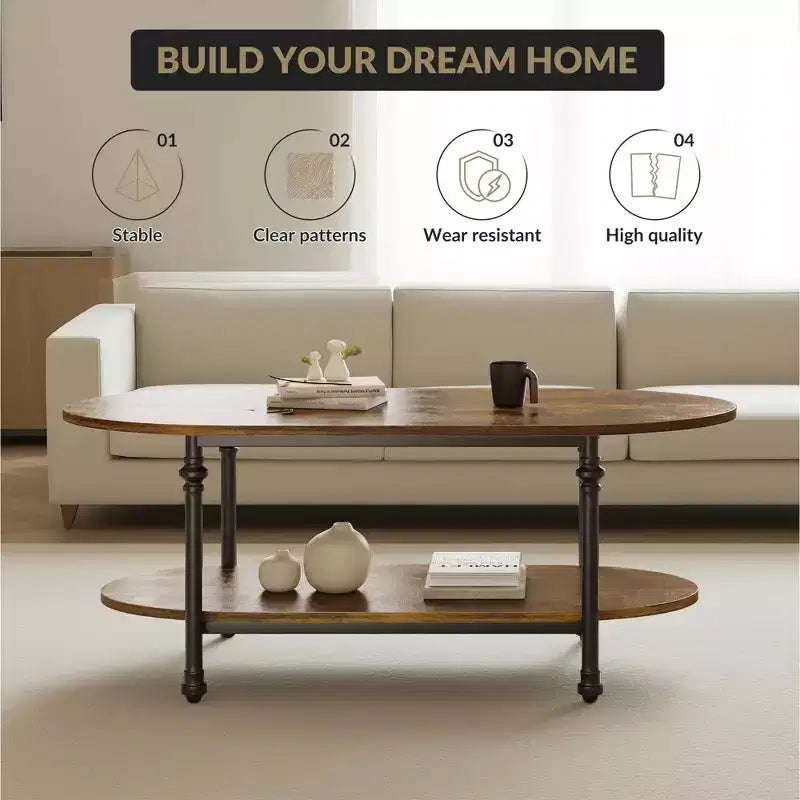 Oval Coffee Table, 2-Tiered Center Table with Open Storage, Modern Industrial Side Table, Wooden Cocktail Table with Metal Frame