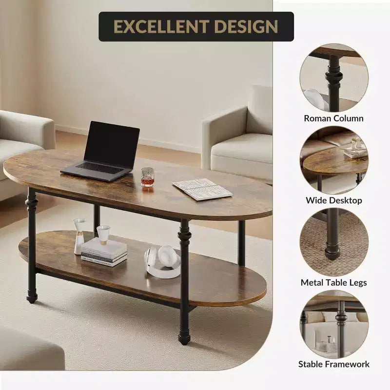 Oval Coffee Table, 2-Tiered Center Table with Open Storage, Modern Industrial Side Table, Wooden Cocktail Table with Metal Frame