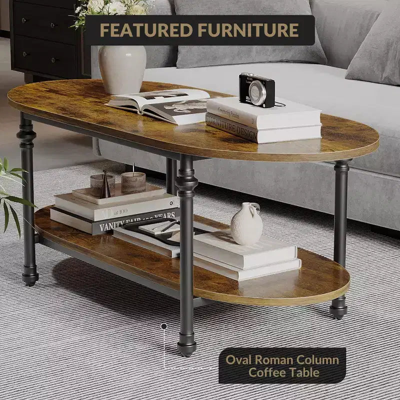 Oval Coffee Table, 2-Tiered Center Table with Open Storage, Modern Industrial Side Table, Wooden Cocktail Table with Metal Frame