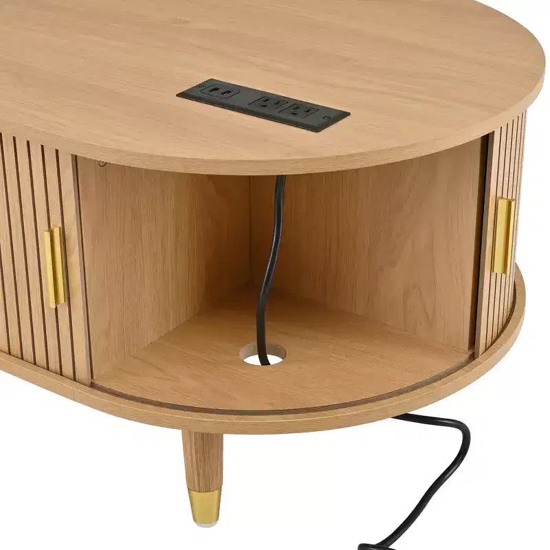 42.5 Oval Fluted Coffee Table with Charging Station, Mid-Century Center Table with Sliding Tambour Door for Living Room, Natural/Teak