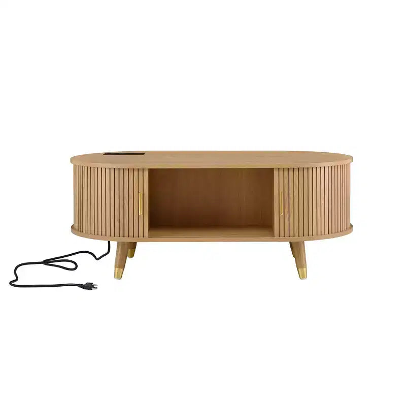 42.5 Oval Fluted Coffee Table with Charging Station, Mid-Century Center Table with Sliding Tambour Door for Living Room, Natural/Teak