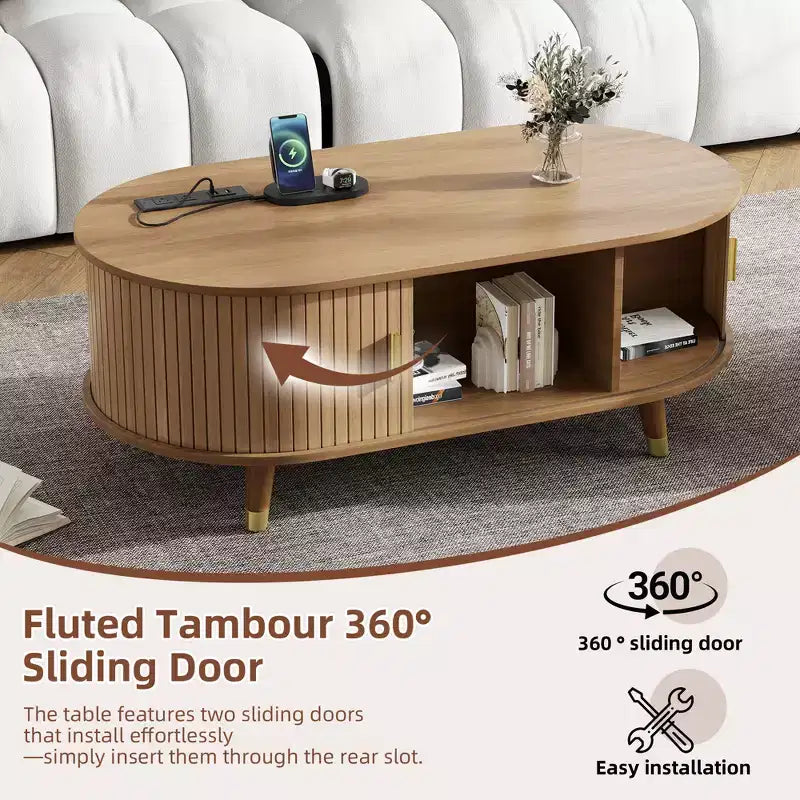 42.5 Oval Fluted Coffee Table with Charging Station, Mid-Century Center Table with Sliding Tambour Door for Living Room, Natural/Teak