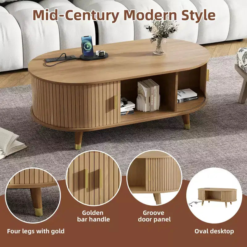 42.5 Oval Fluted Coffee Table with Charging Station, Mid-Century Center Table with Sliding Tambour Door for Living Room, Natural/Teak