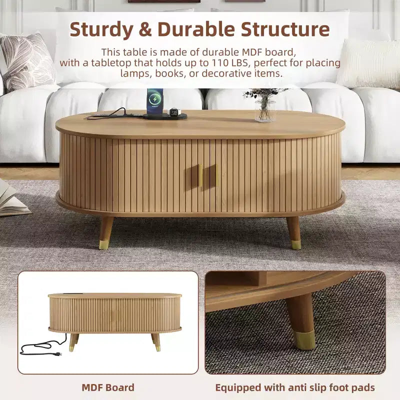 42.5 Oval Fluted Coffee Table with Charging Station, Mid-Century Center Table with Sliding Tambour Door for Living Room, Natural/Teak