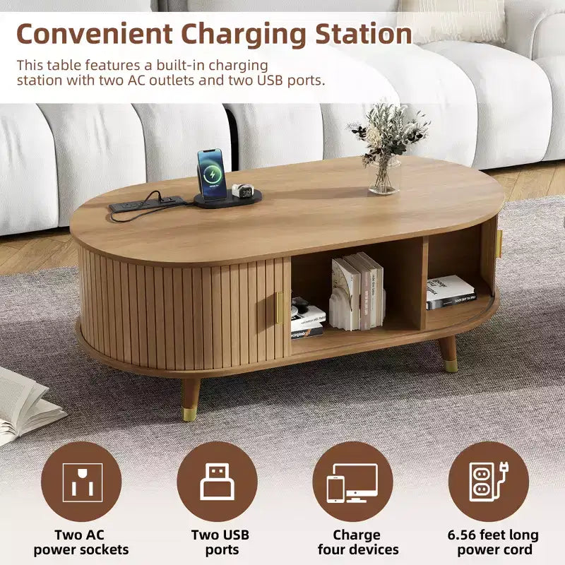 42.5 Oval Fluted Coffee Table with Charging Station, Mid-Century Center Table with Sliding Tambour Door for Living Room, Natural/Teak