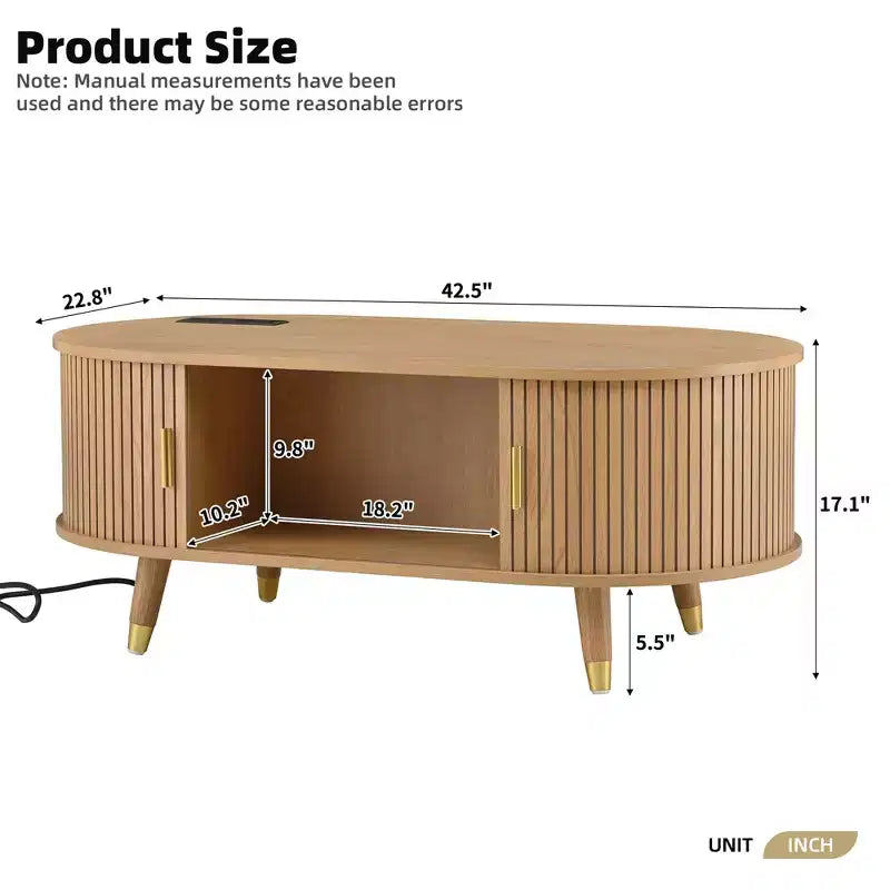42.5 Oval Fluted Coffee Table with Charging Station, Mid-Century Center Table with Sliding Tambour Door for Living Room, Natural/Teak