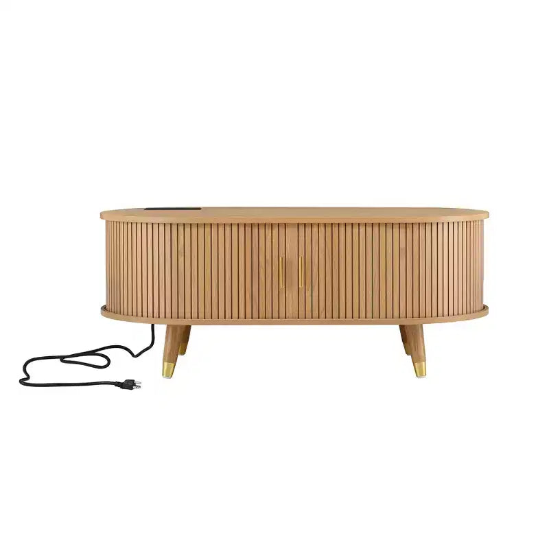 42.5 Oval Fluted Coffee Table with Charging Station, Mid-Century Center Table with Sliding Tambour Door for Living Room, Natural/Teak