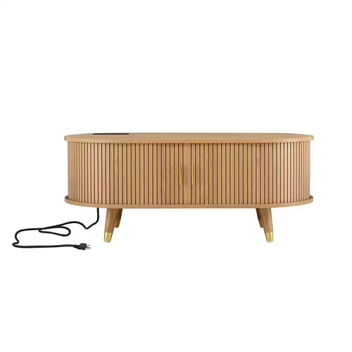 42.5 Oval Fluted Coffee Table with Charging Station, Mid-Century Center Table with Sliding Tambour Door for Living Room, Natural/Teak