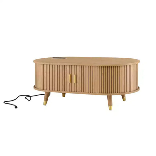 42.5 Oval Fluted Coffee Table with Charging Station, Mid-Century Center Table with Sliding Tambour Door for Living Room, Natural/Teak