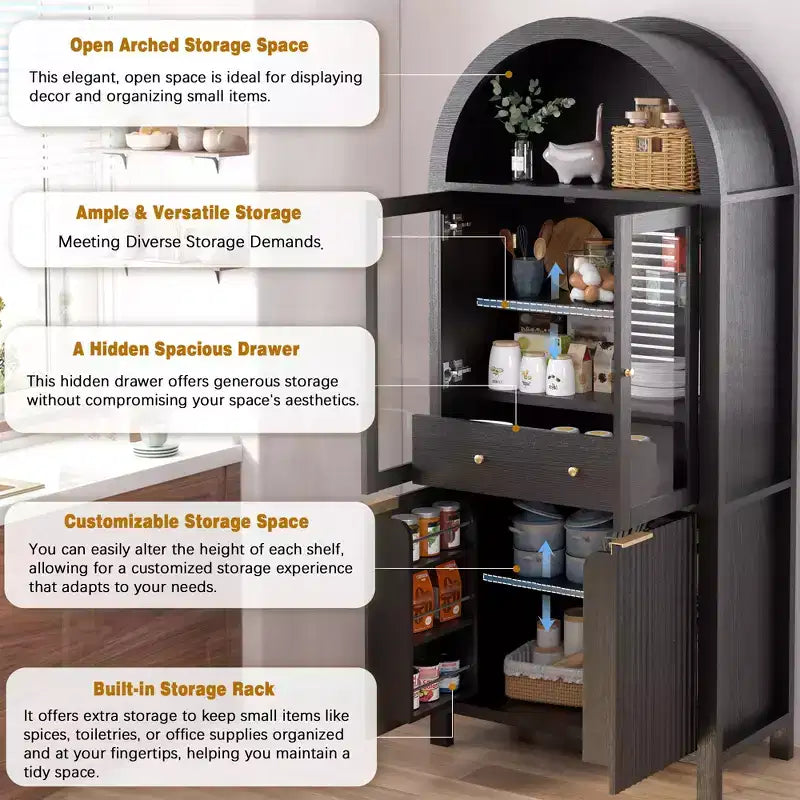 Zeus & Ruta 71 Tall Arched Fluted Kitchen Pantry Cabinet with Glass Door, Adjustable Shelves, Hidden Drawer