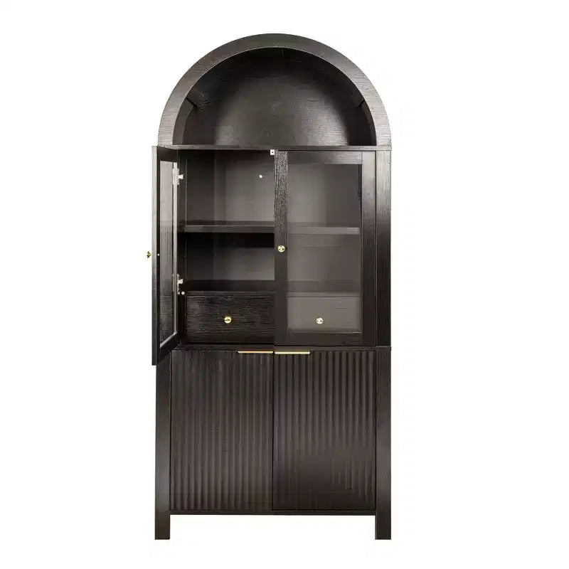 Zeus & Ruta 71 Tall Arched Fluted Kitchen Pantry Cabinet with Glass Door, Adjustable Shelves, Hidden Drawer