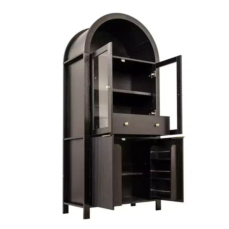 Zeus & Ruta 71 Tall Arched Fluted Kitchen Pantry Cabinet with Glass Door, Adjustable Shelves, Hidden Drawer