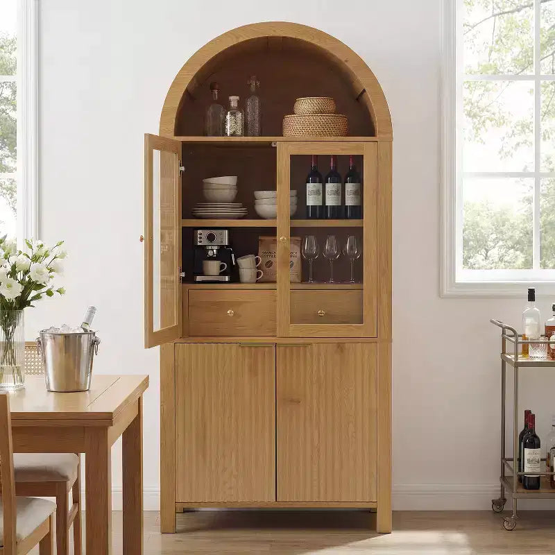 Zeus & Ruta 71 Tall Arched Fluted Kitchen Pantry Cabinet with Glass Door, Adjustable Shelves, Hidden Drawer