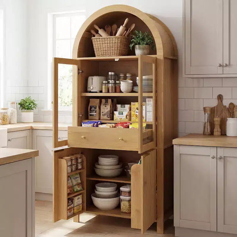 Zeus & Ruta 71 Tall Arched Fluted Kitchen Pantry Cabinet with Glass Door, Adjustable Shelves, Hidden Drawer