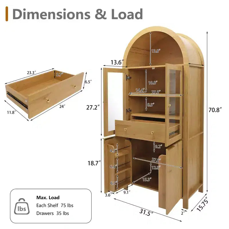 Zeus & Ruta 71 Tall Arched Fluted Kitchen Pantry Cabinet with Glass Door, Adjustable Shelves, Hidden Drawer