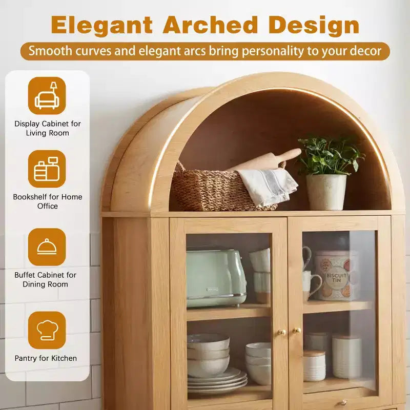 Zeus & Ruta 71 Tall Arched Fluted Kitchen Pantry Cabinet with Glass Door, Adjustable Shelves, Hidden Drawer