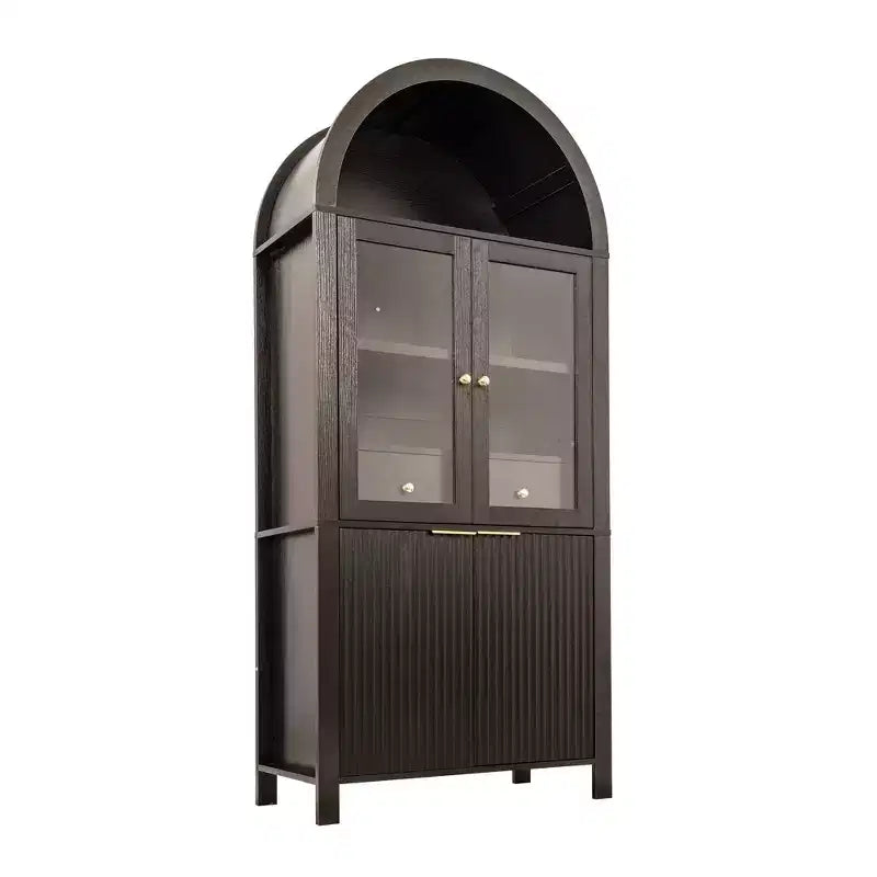 Zeus & Ruta 71 Tall Arched Fluted Kitchen Pantry Cabinet with Glass Door, Adjustable Shelves, Hidden Drawer