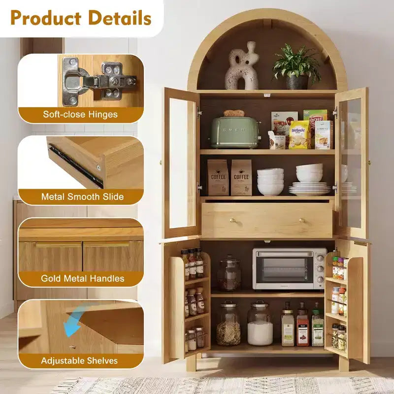 Zeus & Ruta 71 Tall Arched Fluted Kitchen Pantry Cabinet with Glass Door, Adjustable Shelves, Hidden Drawer