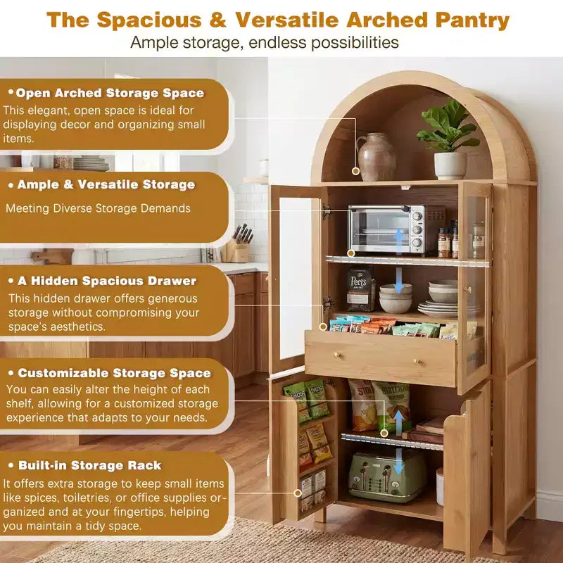 Zeus & Ruta 71 Tall Arched Fluted Kitchen Pantry Cabinet with Glass Door, Adjustable Shelves, Hidden Drawer