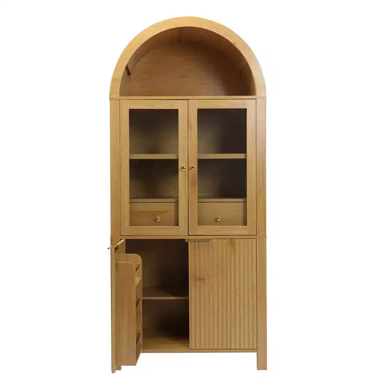 Zeus & Ruta 71 Tall Arched Fluted Kitchen Pantry Cabinet with Glass Door, Adjustable Shelves, Hidden Drawer