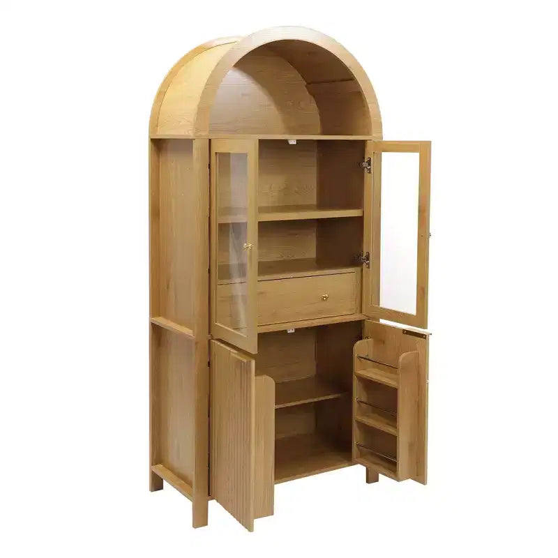 Zeus & Ruta 71 Tall Arched Fluted Kitchen Pantry Cabinet with Glass Door, Adjustable Shelves, Hidden Drawer