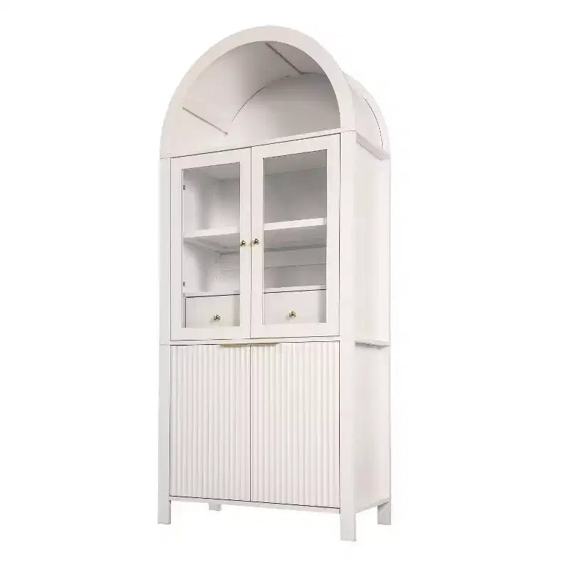 Zeus & Ruta 71 Tall Arched Fluted Kitchen Pantry Cabinet with Glass Door, Adjustable Shelves, Hidden Drawer