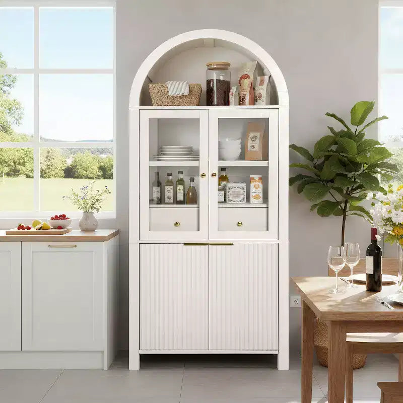 Zeus & Ruta 71 Tall Arched Fluted Kitchen Pantry Cabinet with Glass Door, Adjustable Shelves, Hidden Drawer