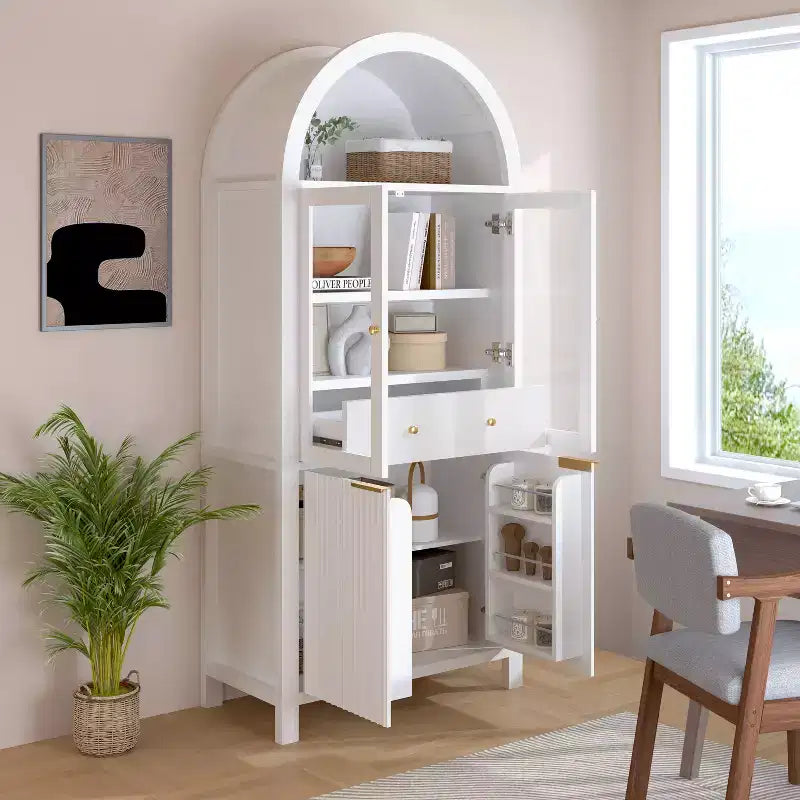 Zeus & Ruta 71 Tall Arched Fluted Kitchen Pantry Cabinet with Glass Door, Adjustable Shelves, Hidden Drawer