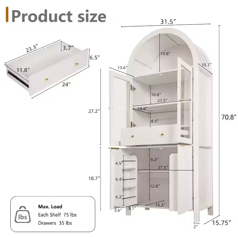 Zeus & Ruta 71 Tall Arched Fluted Kitchen Pantry Cabinet with Glass Door, Adjustable Shelves, Hidden Drawer