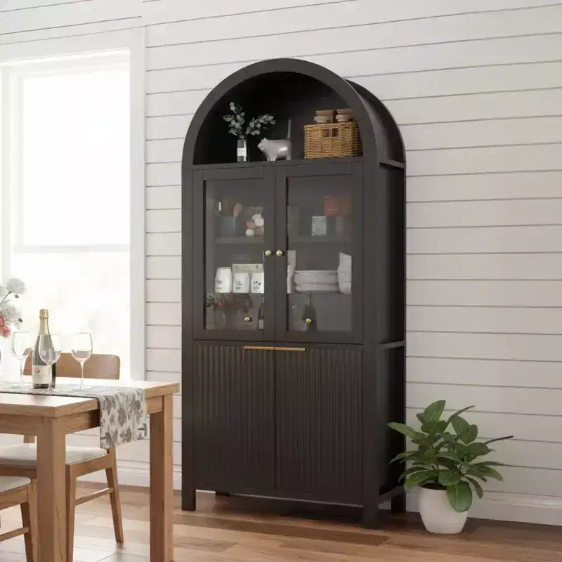 Zeus & Ruta 71 Tall Arched Fluted Kitchen Pantry Cabinet with Glass Door, Adjustable Shelves, Hidden Drawer