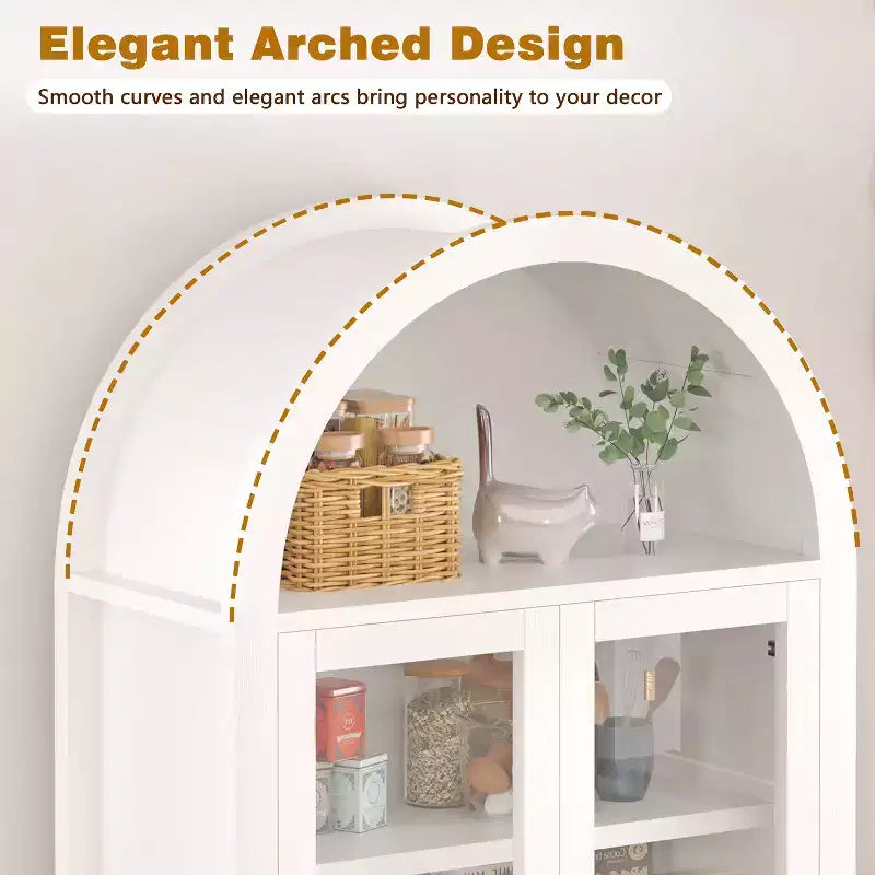 Zeus & Ruta 71 Tall Arched Fluted Kitchen Pantry Cabinet with Glass Door, Adjustable Shelves, Hidden Drawer